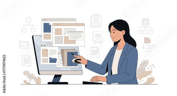 Obraz Woman Working On Computer With Data, Design, And Modern Workflow Illustration