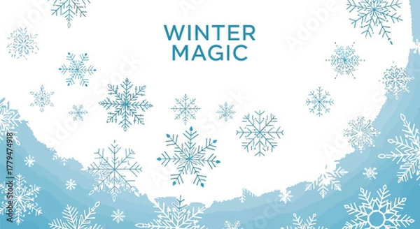 Fototapeta Winter magic background with snowflakes falling on a light blue gradient scene