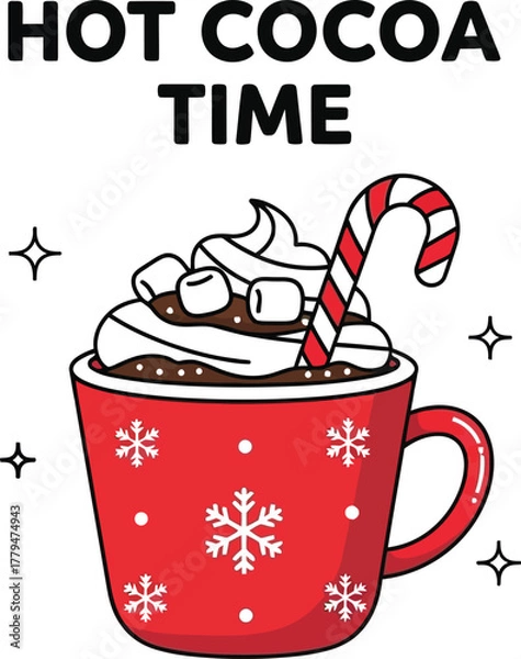Fototapeta Festive hot cocoa with marshmallows and candy cane for a cozy winter holiday