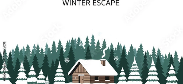Fototapeta Cozy cabin nestled in a snowy forest landscape for a peaceful winter escape scene