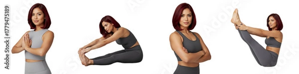 Fototapeta Cutout of a 25-year-old female yoga trainer with red bob hair in various poses (prayer hands, toe touch, arms crossed, Boat Pose), isolated on a transparent background.