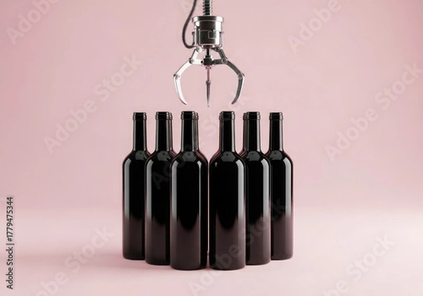 Obraz Robotic Claw Hovering Above a Row of Empty Glass Bottles on Pink.