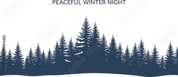 Fototapeta Silhouette of evergreen trees in winter landscape against a white background