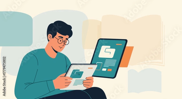 Obraz Young Man Reviews Digital Documents On Tablets While Reviewing Information And Reading