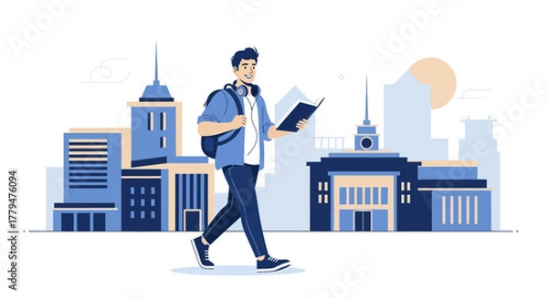 Obraz Young Man Walking And Reading Book While Enjoying His Leisure Time In The City