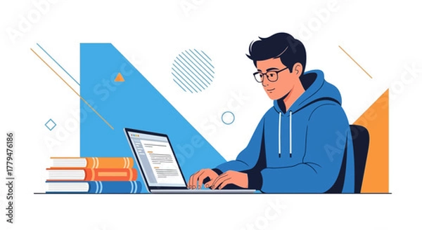 Obraz Young Man Works Intently On Laptop Beside Books With Geometric Shapes Backdrop