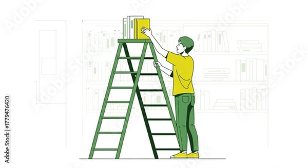 Obraz Young Person Arranging Books On A Bookshelf Using A Ladder And Creating Order