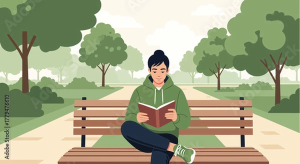Obraz Young Person Reading a Book While Relaxing on a Park Bench in the Greenery