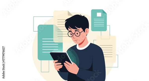 Obraz Young Person Reading From a Tablet Device With Documents In The Background