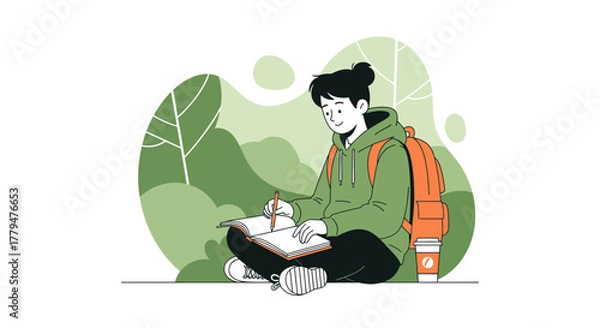 Obraz Young Person Sketches While Sat in Nature With A Coffee And Backpack