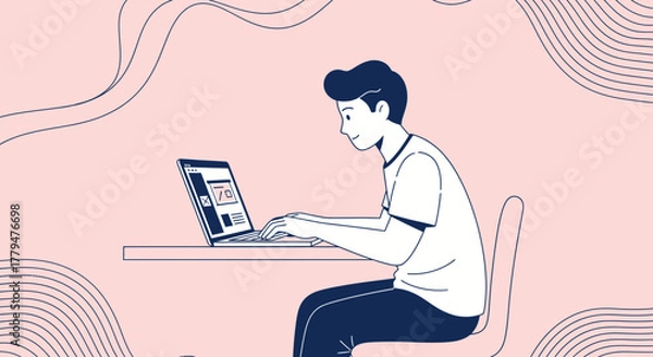 Obraz Young Person Working On Laptop At Desk With Pink Background And Abstract Lines