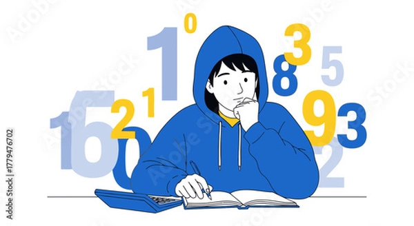 Obraz Young Person Thinking About Math Problems With Numbers And A Calculator