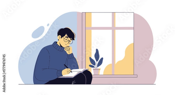 Obraz Young Person Writing Journal by Window Thinking and Contemplating Life's Mysteries