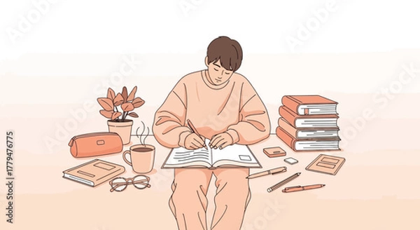 Obraz Young Person Writing and Studying With Books, Plant, and Coffee In Peaceful Setting