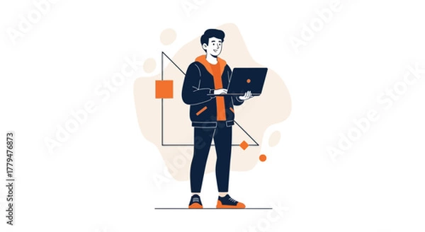 Obraz Young Professional Working On a Laptop in a Modern and Minimalist Artistic Style, Flat Design