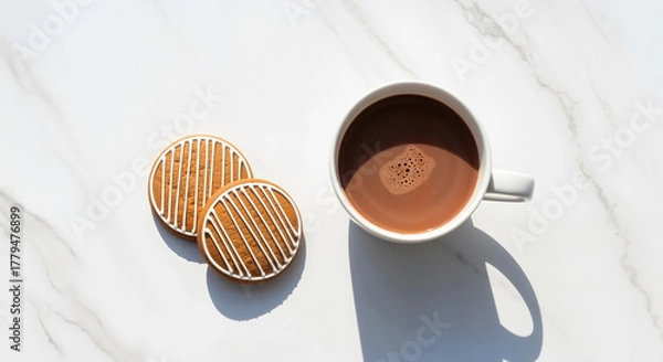 Fototapeta Coffee cup with two cookies on a marble countertop in bright sunlight