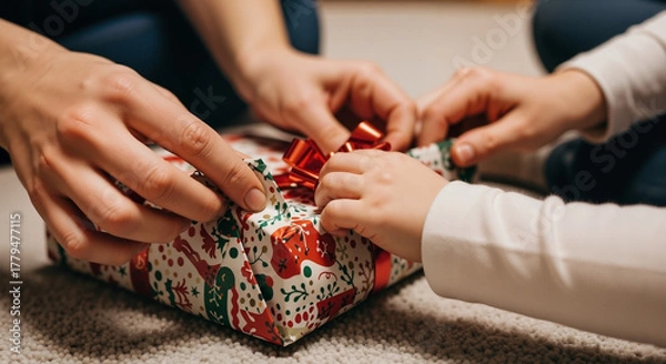 Obraz Parent and child opening a Christmas gift together on a cozy carpeted floor