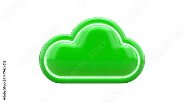 Fototapeta Green cloud icon, glossy neon style, isolated on transparent background, symbolizing eco friendly technology, digital storage, and modern environmental concepts, with futuristic and cheerful vibe