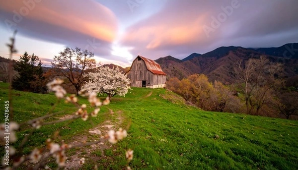 Obraz Rustic barn at sunset, scenic valley