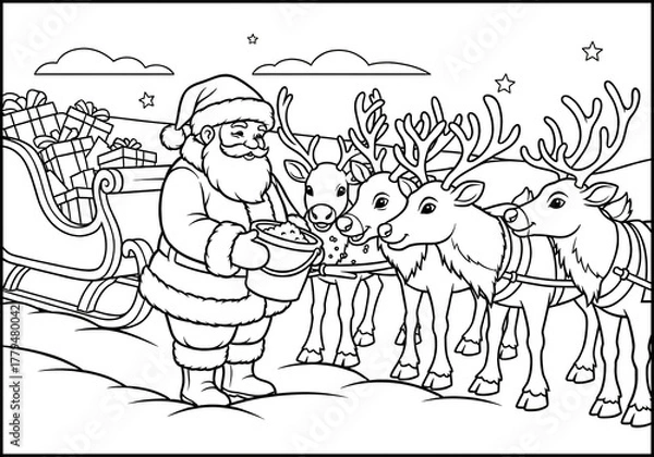 Fototapeta Christmas coloring page Santa Claus feeding reindeer with sleigh and gifts in the snow
