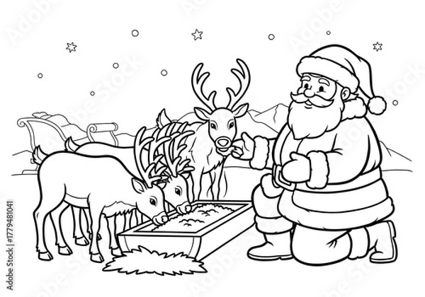 Obraz Santa Claus feeding reindeer by the sleigh in snowy landscape coloring page