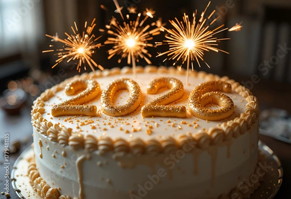 Fototapeta Cake with 2026 written in gold icing 