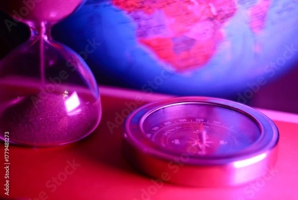 Obraz The hourglass and the compass and the globe symbols of time, travelling, distance, way concept photo 