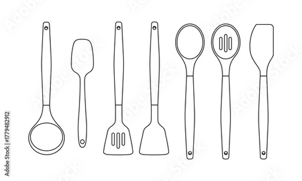 Fototapeta Vector line illustration of kitchen utensils — spatulas, ladles, and spoons. Minimalist black outline design for cooking, restaurant, and kitchen projects.
