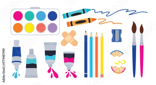 Fototapeta Art supplies set with paint, brush, crayon, pencil, sharpener, eraser, bandage