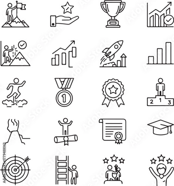 Obraz Set of outline icons symbolizing success achievement and goals climbing mountain flag