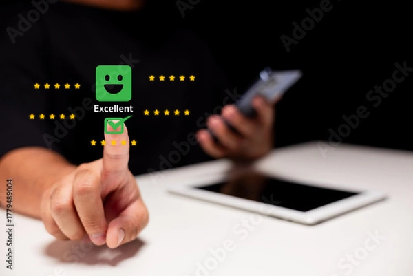 Fototapeta A hand with a finger pointing at a green 'Excellent' icon, symbolizing positive feedback or rating, with a smartphone in the background.