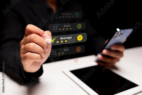 Fototapeta A person interacts with a digital feedback interface on a smartphone, selecting a rating, signifying customer experience evaluation.