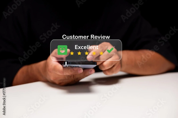 Fototapeta A person holds a smartphone displaying an excellent customer review with stars and a checkmark, suggesting positive feedback on a service or product.