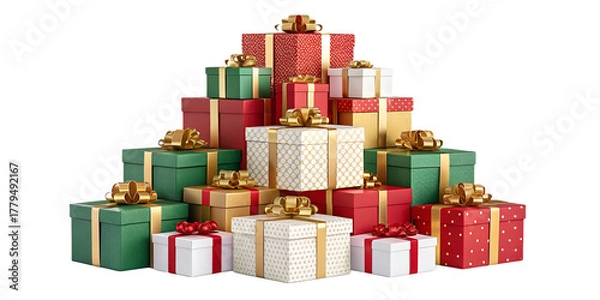 Obraz A pile of colorful wrapped Christmas gift boxes with shiny ribbons and bows, arranged in a pyramid. Isolated on transparent background, perfect for Christmas and New Year design, vector or realistic s