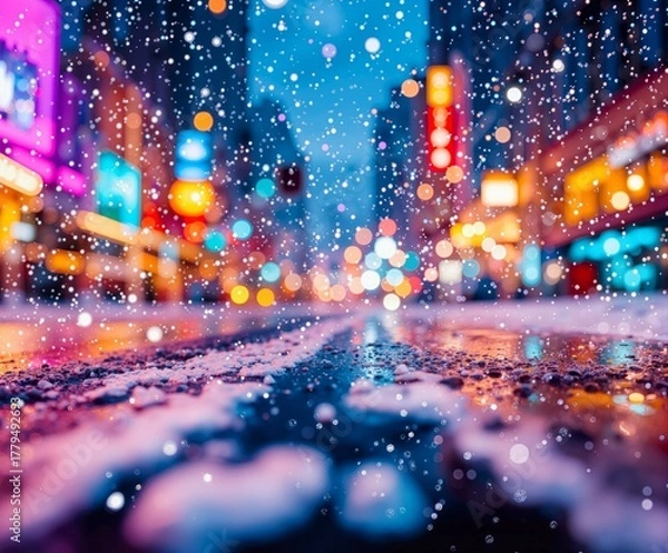 Fototapeta Vibrant city street glowing with neon lights as snow gently falls, creating a dreamy winter night scene. Colorful bokeh, festive ambiance, and urban magic blend into a cinematic holiday moment.