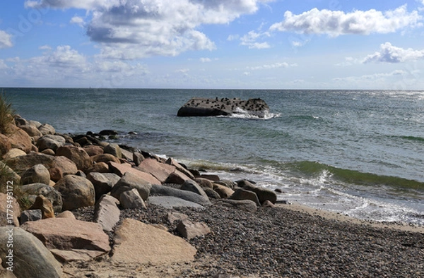 Fototapeta Landscape photo with a view of the Baltic Sea coast with large rocks and pebbles and a stone in the sea with birds sitting on it at Cape Grenen, in Skagen, northern Denmark