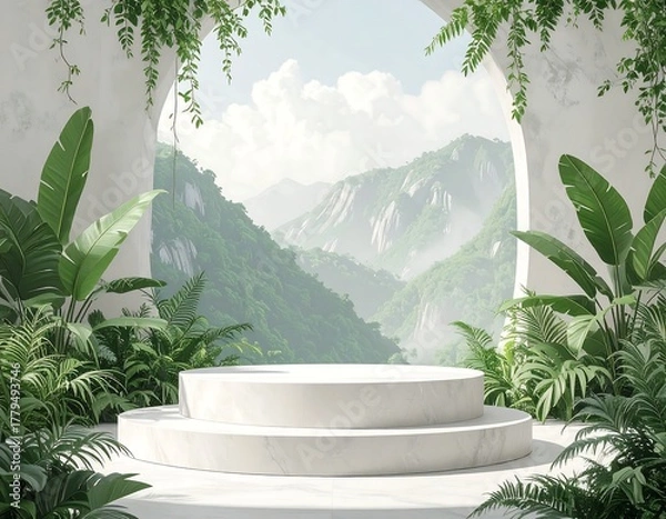 Fototapeta Marble podium surrounded by lush greenery