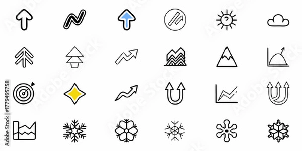 Obraz Illustration of various icons including arrows, graphs, trees, snowflakes, and weather elements design 100