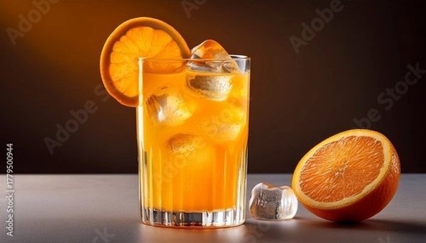 Fototapeta refreshing orange juice with ice and a slice of orange on top in a clear glass
