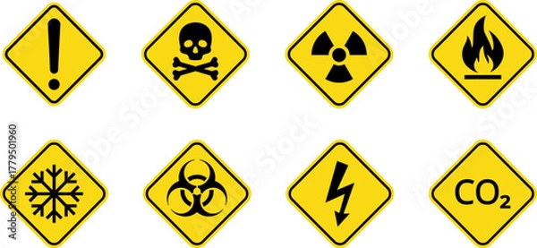Obraz Hazard danger vector signs set. Radiation sign, High voltage sign, Exclamation point, Biohazard sign, Gas flame sign, Toxic sign, Laser, CO2, Magnet, Low temperature, EX. Road, Caution warning danger