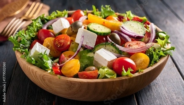Obraz fresh garden salad with colorful vegetables and cheese served in a wooden bowl