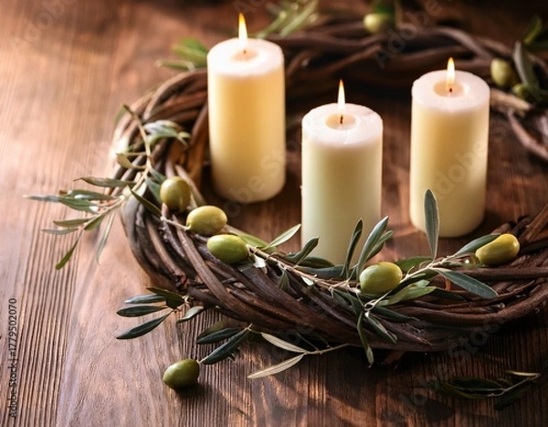 Fototapeta natural branches wreath with candles and olive