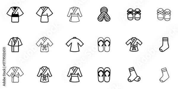 Fototapeta Collection of outline drawings depicting traditional japanese clothing and footwear in simple line art style