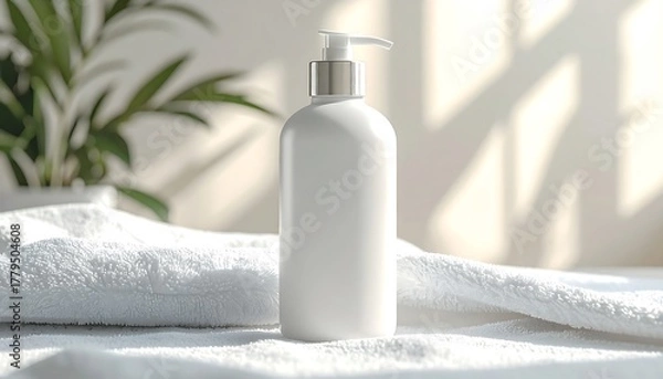 Fototapeta Elegant White Lotion Bottle on Towel with Plant Backdrop.