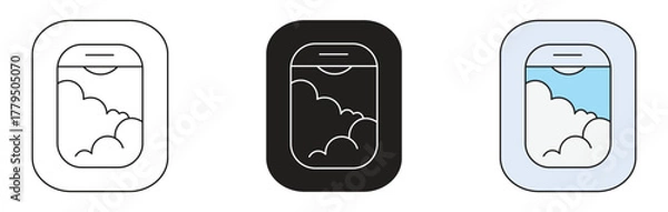 Fototapeta Airplane Window View With Clouds Icon Set. Travel And Aviation Experience Symbol Collection. Journey And Flight Vector Illustration.