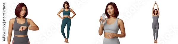 Fototapeta Dynamic female yoga trainer poses (checking watch, alignment, hydrating, stretching), isolated on transparent background, ideal for fitness apps, wellness blogs, activewear marketing,