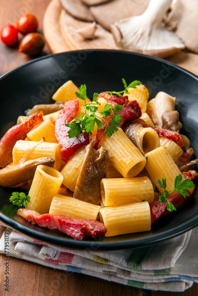 Fototapeta Mezzi rigatoni con guanciale e funghi, pasta italiana 