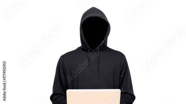 Fototapeta Hooded figure in black sweatshirt sitting behind laptop, face hidden in shadow, mysterious and secretive atmosphere, concept of cybersecurity, hacking, or anonymity