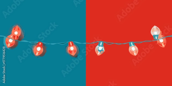 Fototapeta Festive string lights with red and blue bulbs divided by a contrasting background color split