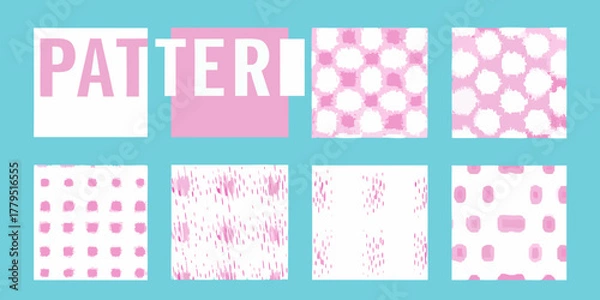 Fototapeta Collection of abstract pink and white patterns and textures on a blue background with the word pattern